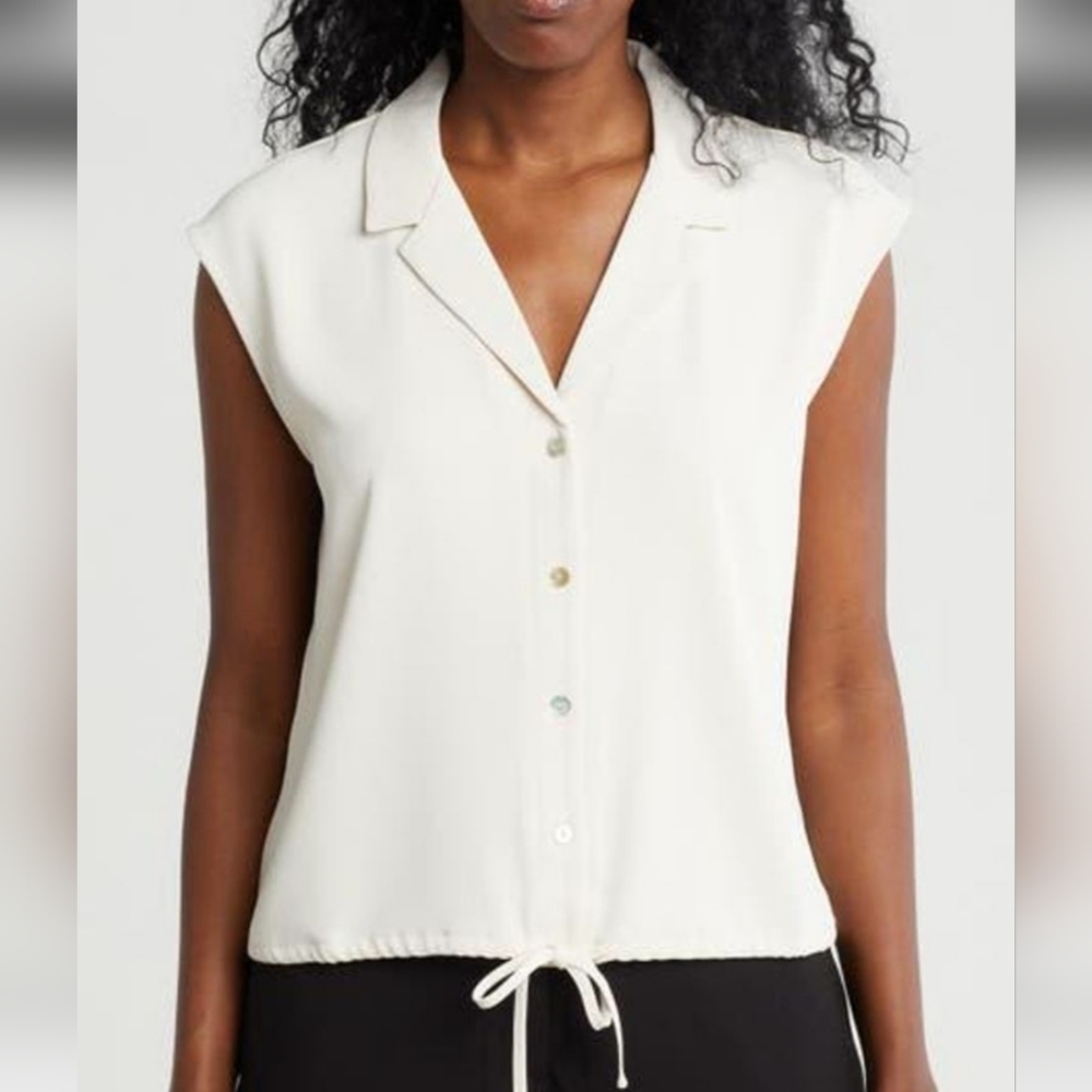 MELLODAY Cream Button-Down Drawstring Blouse Size Large